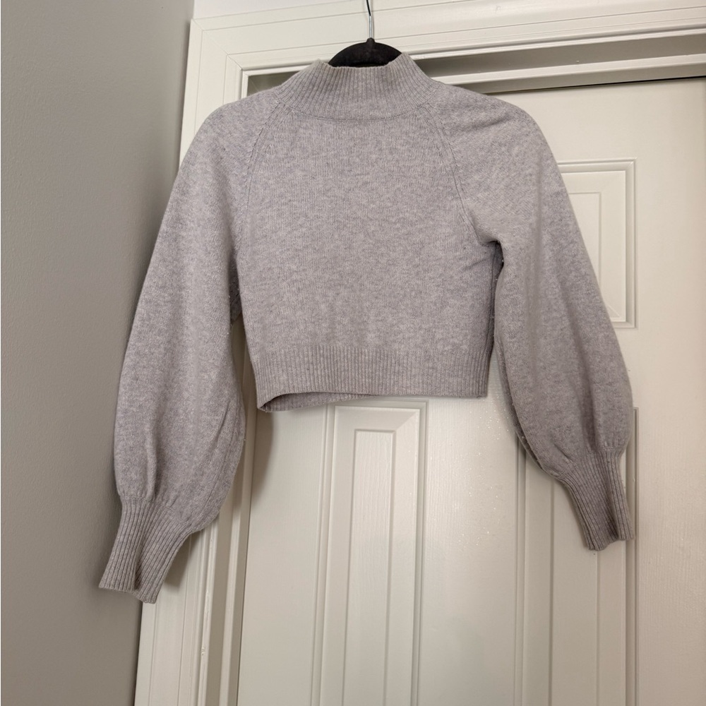 BCBG Cropped Mock Neck Balloon Sleeve Sweater - Light Gray